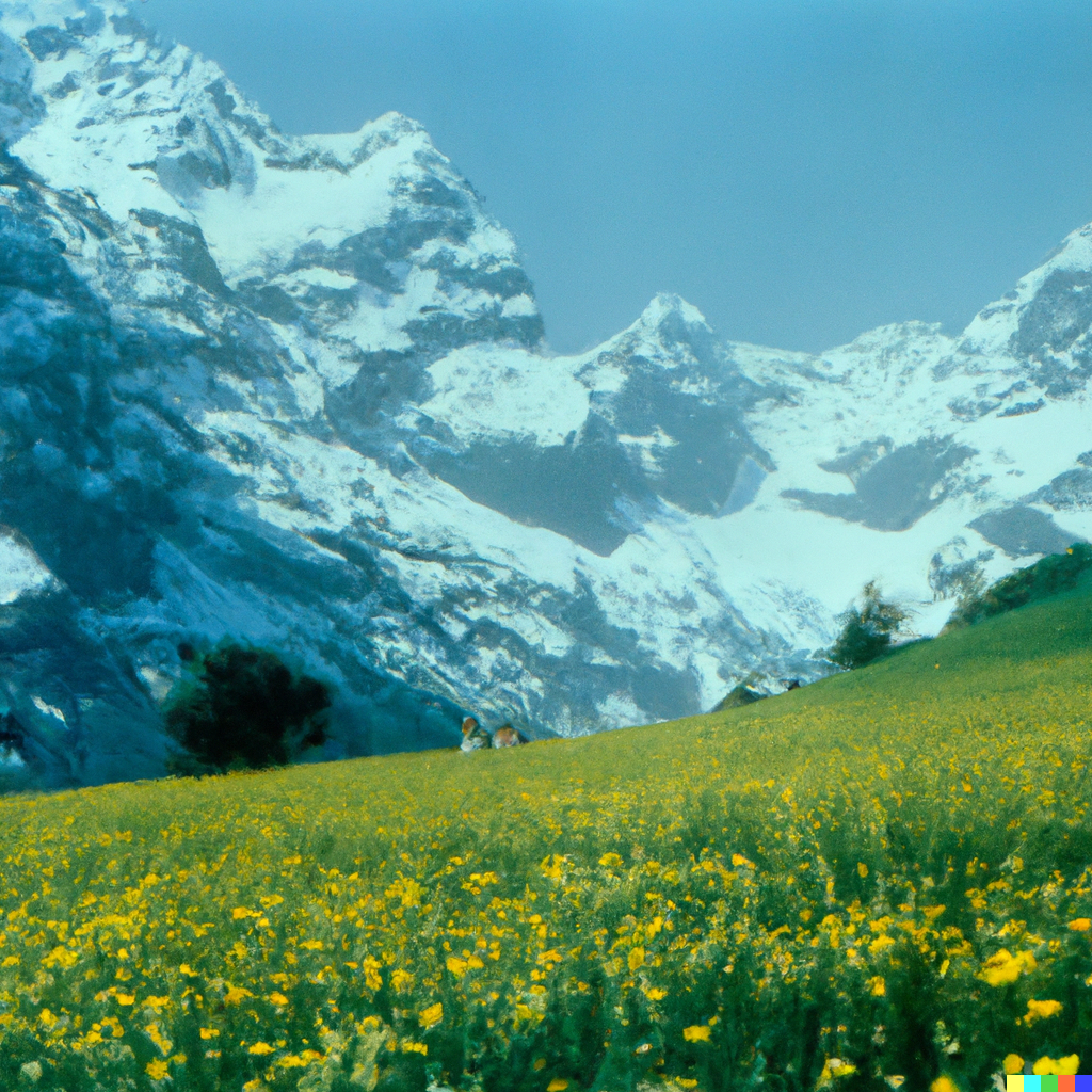 The sound of music, alps, snowy mountains, green field, yellow flowers